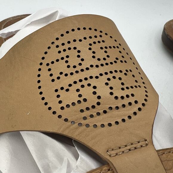 Womens Tory Burch Slip On Slide Sandals Leather Tan Perforated Logo Size 10.5 - Picture 3 of 9